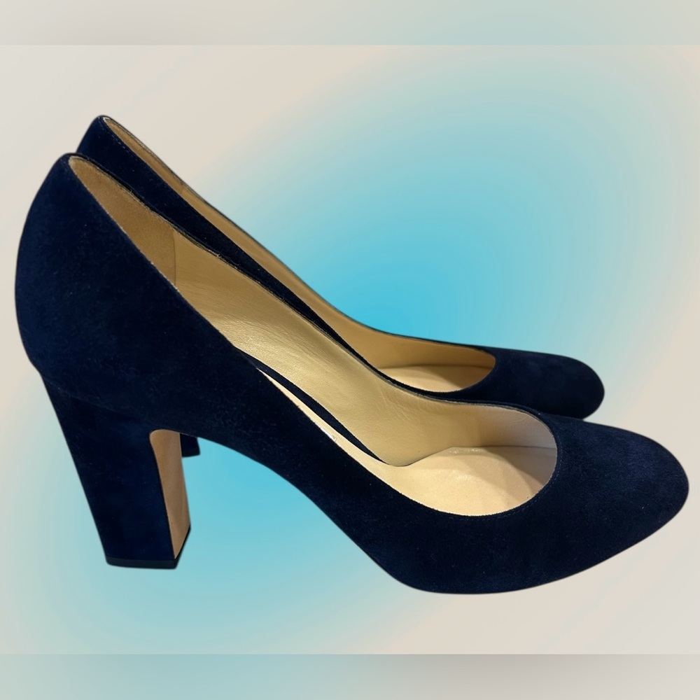 Jimmy Choo Navy Suede Chunky Heel Pumps, Like New, Sz 39 1/2
